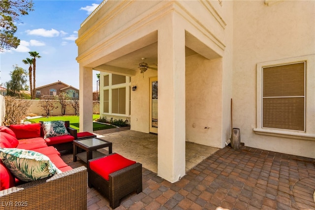 1800 Aztec Cliffs Ct, Las Vegas, NV 89128 - fenced backyard featuring ceiling fan, an outdoor living space, and a patio