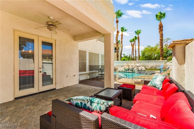 1800 Aztec Cliffs Ct, Las Vegas, NV 89128 - fenced backyard featuring french doors, ceiling fan, a patio area, and an outdoor living space