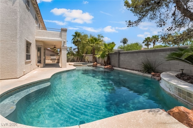 1312 Autumn Wind Way, Henderson, NV 89052 - view of swimming pool with a patio, a fenced backyard, a pool with connected hot tub, and a ceiling fan