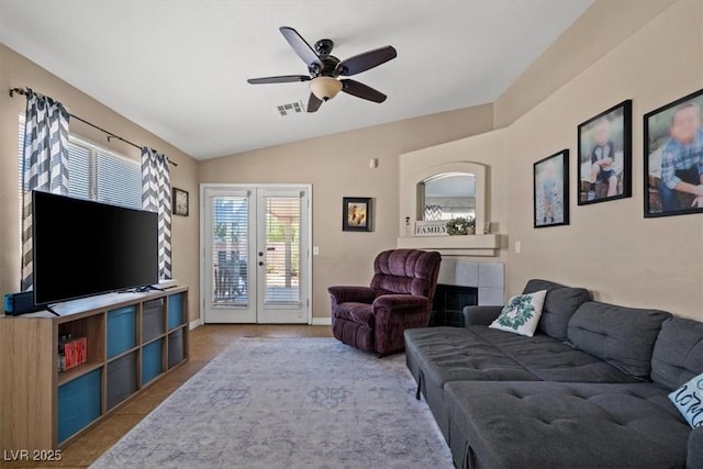 4928 Corsica Island St, North Las Vegas, NV 89031 - carpeted living area featuring vaulted ceiling and ceiling fan