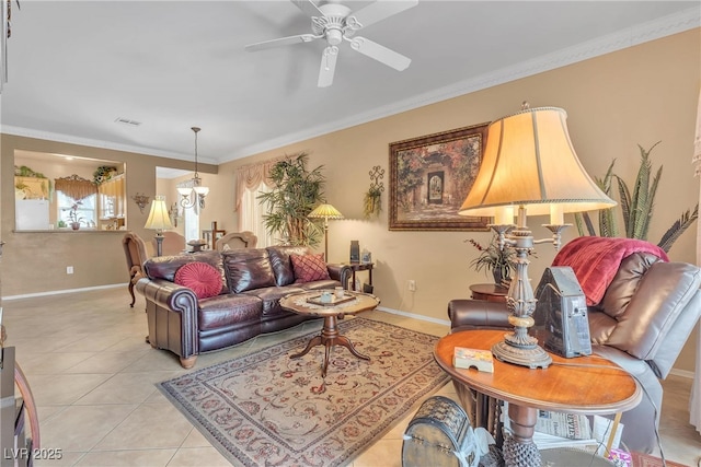 2404 Willow Wren Dr, North Las Vegas, NV 89084 - living area with light tile patterned floors, ceiling fan, and ornamental molding