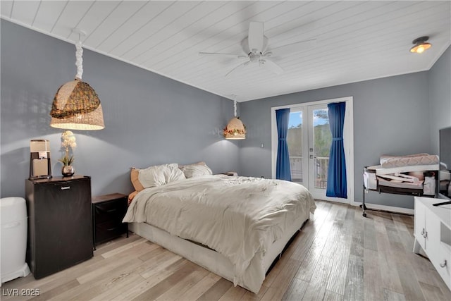 3080 Yankee Clipper Dr, Las Vegas, NV 89117 - bedroom with wooden ceiling, access to outside, french doors, light wood-type flooring, and ceiling fan