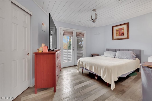 3080 Yankee Clipper Dr, Las Vegas, NV 89117 - bedroom with access to outside, wooden ceiling, light wood-style floors, ceiling fan, and french doors