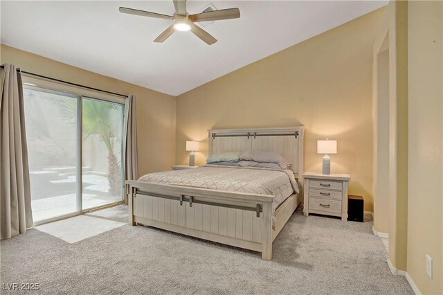 7401 Red Swallow St, Las Vegas, NV 89131 - bedroom with light carpet, access to outside, lofted ceiling, and a ceiling fan