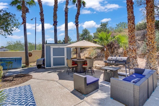 7401 Red Swallow St, Las Vegas, NV 89131 - view of patio / terrace featuring a storage shed and outdoor dining area