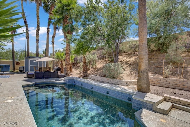 7401 Red Swallow St, Las Vegas, NV 89131 - outdoor pool with a patio area, an outdoor structure, and outdoor lounge area