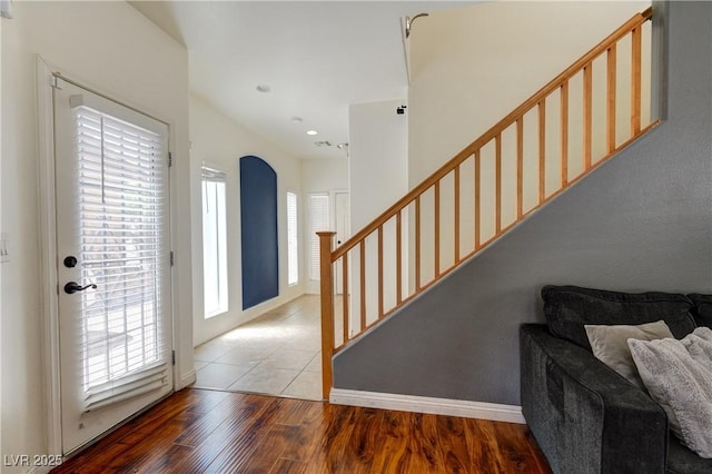 8169 Skytop Ledge Ave, Las Vegas, NV 89178 - entrance foyer with wood finished floors, stairs, and recessed lighting