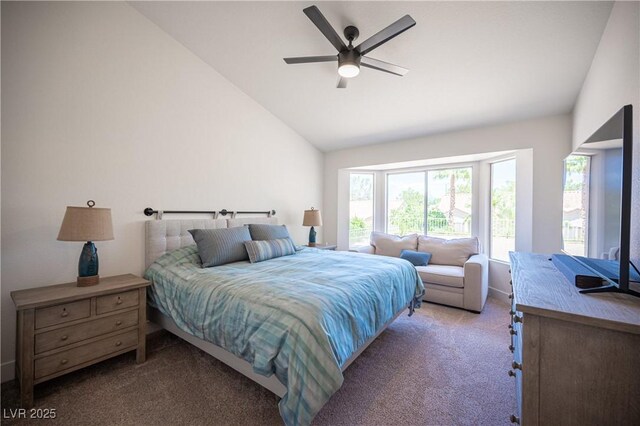 2548 Tumble Brook Dr, Las Vegas, NV 89134 - bedroom featuring carpet floors, vaulted ceiling, and ceiling fan