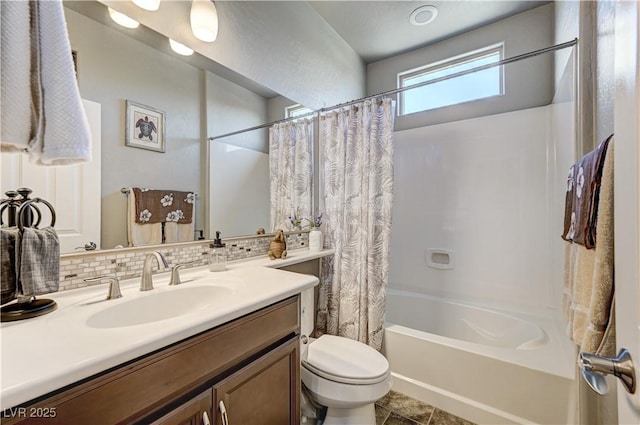 3605 Greenbriar Bluff Ave, North Las Vegas, NV 89081 - bathroom with vanity, shower / bathtub combination with curtain, and backsplash