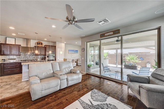3605 Greenbriar Bluff Ave, North Las Vegas, NV 89081 - living room with a ceiling fan, dark wood finished floors, and recessed lighting