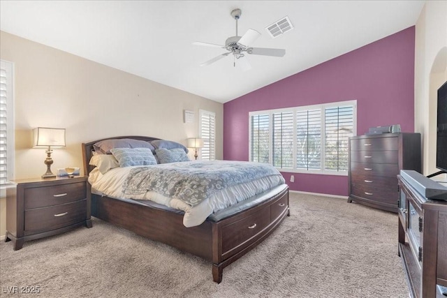 9836 La Vid Ct, Las Vegas, NV 89117 - bedroom with lofted ceiling, light carpet, and a ceiling fan