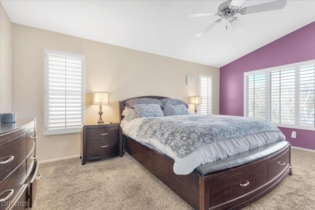 9836 La Vid Ct, Las Vegas, NV 89117 - bedroom with light carpet, vaulted ceiling, and a ceiling fan