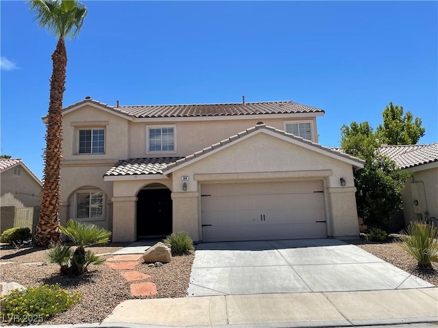 164 Swale Ln, Las Vegas, NV 89144 - mediterranean / spanish-style home featuring stucco siding, a tiled roof, driveway, and an attached garage
