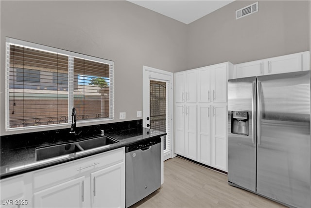 1205 Boulder Shore Ave, North Las Vegas, NV 89081 - kitchen featuring appliances with stainless steel finishes, dark countertops, and white cabinets