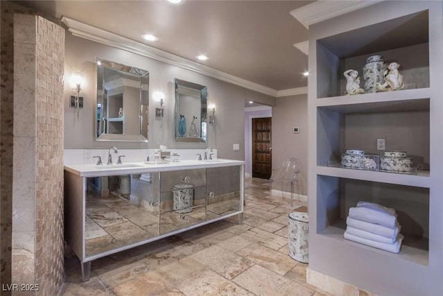 2030 Mohigan Way, Las Vegas, NV 89169 - bathroom with ornamental molding, double vanity, recessed lighting, and stone tile flooring