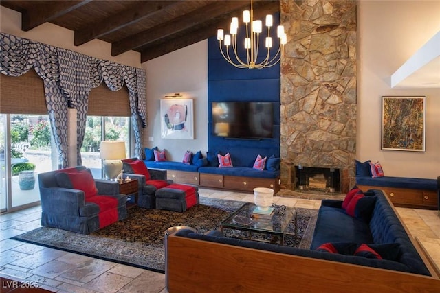 2030 Mohigan Way, Las Vegas, NV 89169 - living area with a chandelier, high vaulted ceiling, stone tile flooring, and a wood ceiling with exposed beams