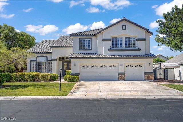 229 Wellspring Ave, Las Vegas, NV 89183 - mediterranean / spanish house featuring an attached garage, driveway, stucco siding, a tiled roof, and a gate