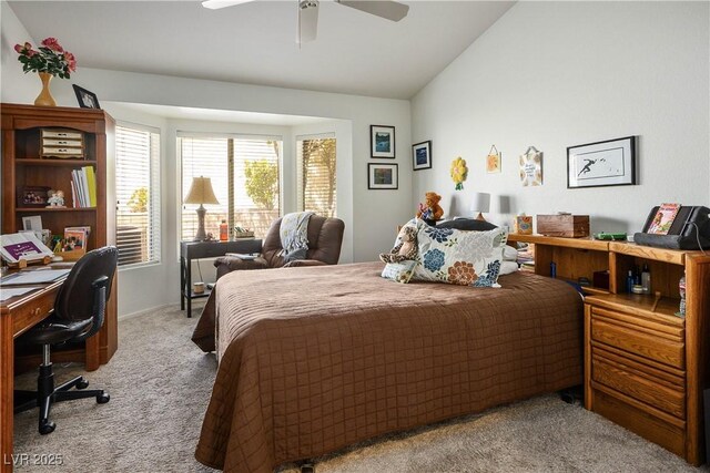 2441 Banora Point Dr, Las Vegas, NV 89134 - carpeted bedroom with a desk, lofted ceiling, and ceiling fan