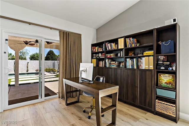3890 Quadrel St, Las Vegas, NV 89129 - office area featuring lofted ceiling, light wood finished floors, and ceiling fan