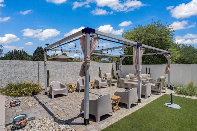 3890 Quadrel St, Las Vegas, NV 89129 - fenced backyard with an outdoor hangout area, a pergola, and a patio