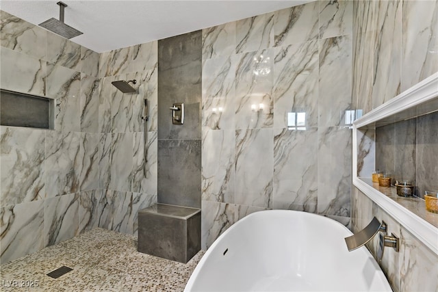 3890 Quadrel St, Las Vegas, NV 89129 - full bathroom featuring a soaking tub, tile walls, and tiled shower