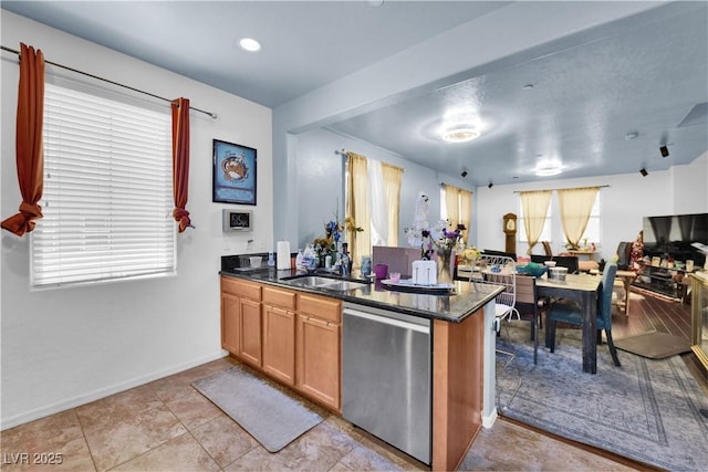 4650 Ranch House Rd Unit 64, North Las Vegas, NV 89031 - kitchen featuring stainless steel dishwasher, dark stone countertops, a peninsula, open floor plan, and brown cabinets