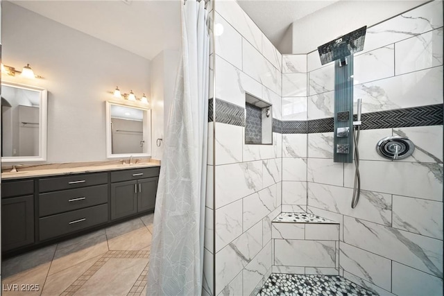 5210 E Chasemoor St, Pahrump, NV 89061 - full bathroom with double vanity, a tile shower, and tile patterned flooring