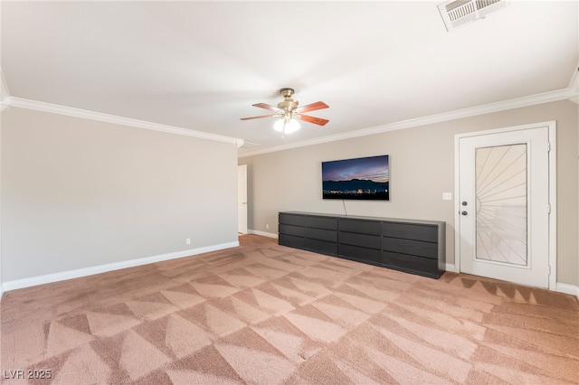 1442 Big Tree Ave, North Las Vegas, NV 89031 - unfurnished living room with ornamental molding, a ceiling fan, and carpet flooring