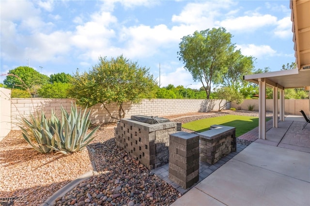 1442 Big Tree Ave, North Las Vegas, NV 89031 - fenced backyard with a patio and a fire pit
