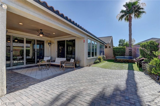 9964 Peaceful Peaks Ave, Las Vegas, NV 89166 - fenced backyard featuring ceiling fan and a patio