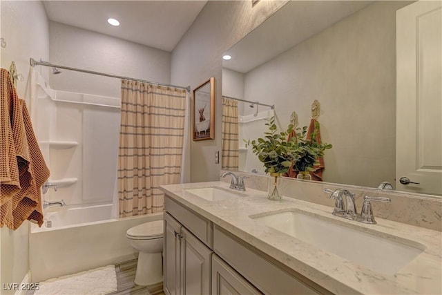 9964 Peaceful Peaks Ave, Las Vegas, NV 89166 - bathroom with double vanity, shower / tub combo with curtain, recessed lighting, and wood finished floors