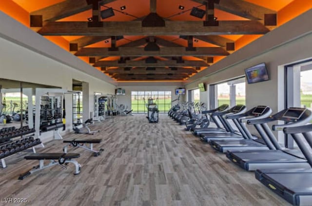 9964 Peaceful Peaks Ave, Las Vegas, NV 89166 - workout area with high vaulted ceiling, beam ceiling, and wood finished floors