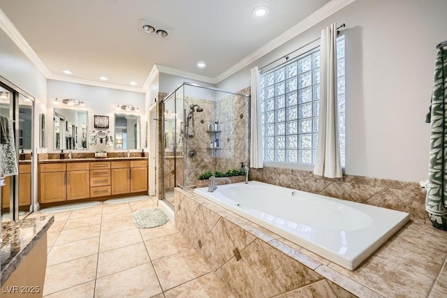 2458 Tour Edition Dr, Henderson, NV 89074 - full bath with a bath, vanity, a shower stall, crown molding, and tile patterned floors