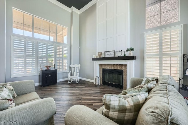 2458 Tour Edition Dr, Henderson, NV 89074 - living room with a towering ceiling, ornamental molding, wood finished floors, and a tiled fireplace