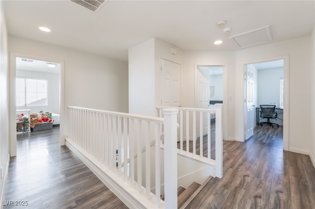 8179 Palace Monaco Ave, Las Vegas, NV 89117 - corridor featuring an upstairs landing, dark wood-style flooring, recessed lighting, and an office area
