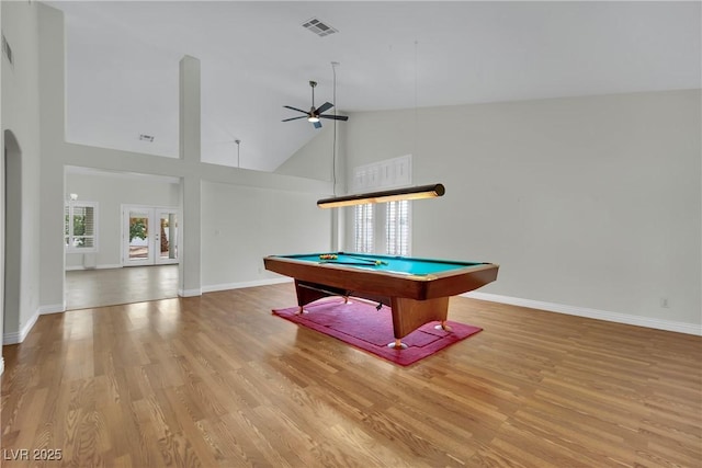 4423 Sophia Way N, Las Vegas, NV 89032 - rec room featuring wood finished floors, billiards, a ceiling fan, high vaulted ceiling, and french doors