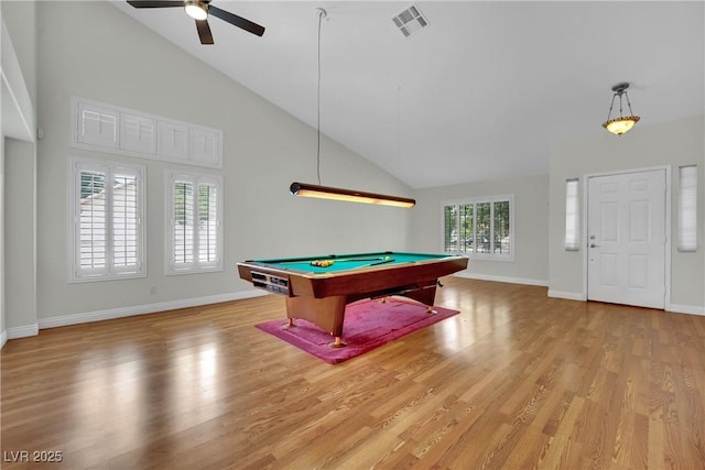 4423 Sophia Way N, Las Vegas, NV 89032 - playroom featuring light wood-type flooring, ceiling fan, billiards table, and high vaulted ceiling