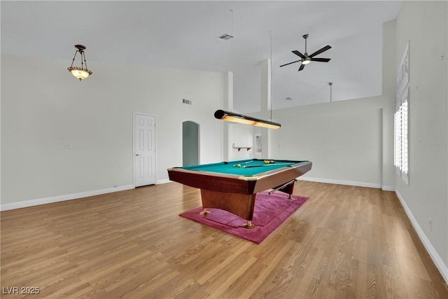 4423 Sophia Way N, Las Vegas, NV 89032 - playroom with high vaulted ceiling, wood finished floors, billiards, ceiling fan, and arched walkways