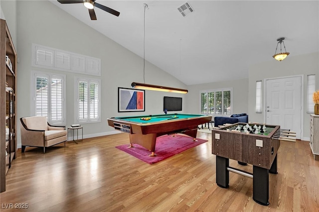 4423 Sophia Way N, Las Vegas, NV 89032 - playroom featuring billiards table, high vaulted ceiling, light wood-style floors, and a ceiling fan