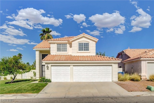 9520 Silver Frost St, Las Vegas, NV 89123 - mediterranean / spanish-style house featuring a tile roof, concrete driveway, a front lawn, a garage, and stucco siding