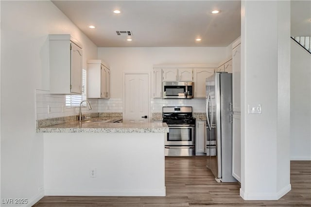 9520 Silver Frost St, Las Vegas, NV 89123 - kitchen featuring appliances with stainless steel finishes, a peninsula, wood finished floors, decorative backsplash, and light stone countertops