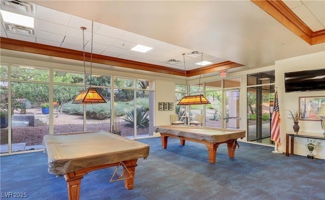2425 Sky Watcher St, Henderson, NV 89044 - rec room featuring pool table, carpet flooring, a raised ceiling, plenty of natural light, and a drop ceiling