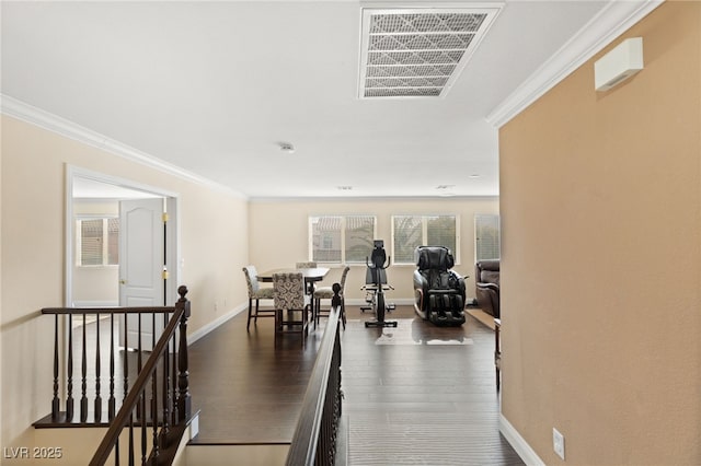 209 Centocelle Ave, Las Vegas, NV 89183 - hall featuring dark wood finished floors, crown molding, and an upstairs landing