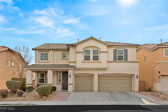 209 Centocelle Ave, Las Vegas, NV 89183 - mediterranean / spanish home featuring an attached garage, driveway, stucco siding, a tiled roof, and a porch