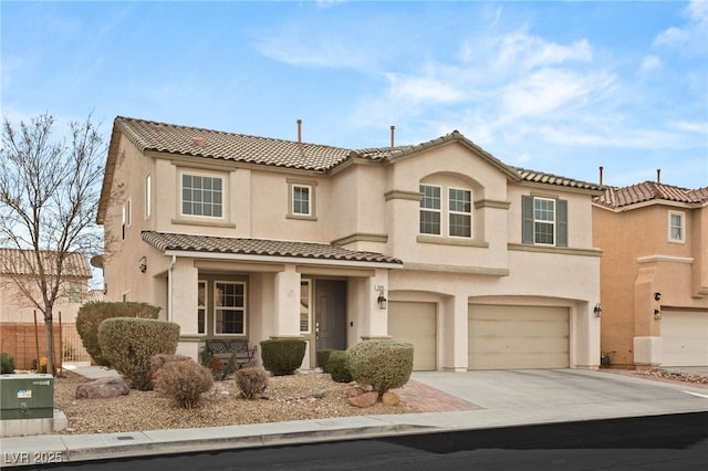 209 Centocelle Ave, Las Vegas, NV 89183 - view of front of property with a garage, a tile roof, concrete driveway, and stucco siding
