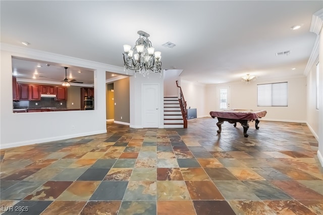 1152 Highbury Grove St, Henderson, NV 89002 - recreation room with billiards table, stone tile floors, crown molding, ceiling fan, and a chandelier
