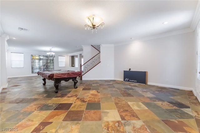 1152 Highbury Grove St, Henderson, NV 89002 - game room with billiards table, a chandelier, stone tile flooring, ornamental molding, and recessed lighting