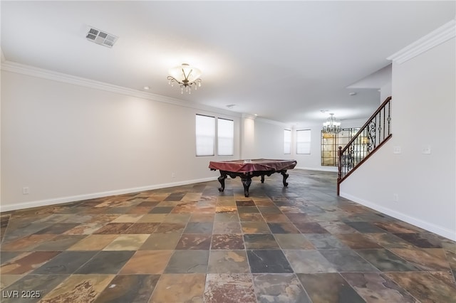1152 Highbury Grove St, Henderson, NV 89002 - game room with a chandelier, ornamental molding, billiards table, and stone finish floors
