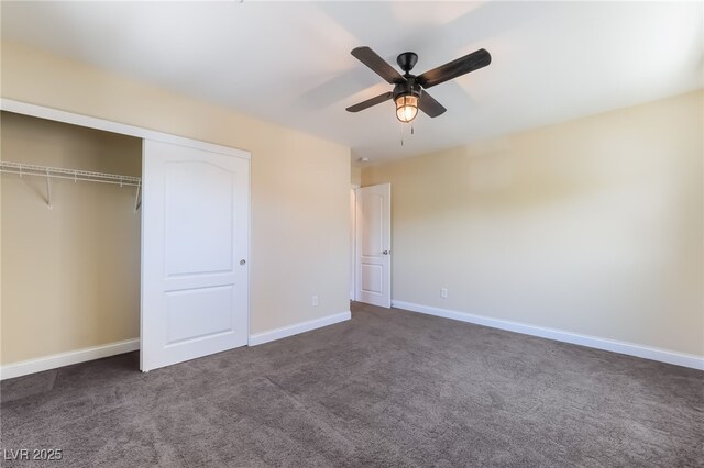 1152 Highbury Grove St, Henderson, NV 89002 - unfurnished bedroom featuring dark colored carpet, a closet, and a ceiling fan