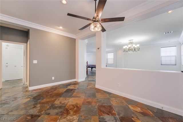 1152 Highbury Grove St, Henderson, NV 89002 - spare room featuring stone tile flooring, crown molding, plenty of natural light, a ceiling fan, and recessed lighting